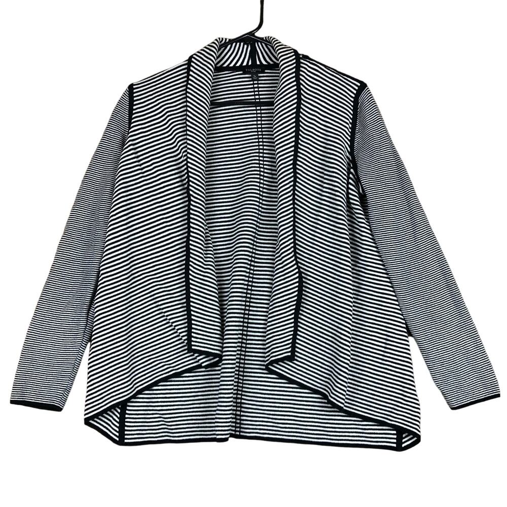 Talbots Womens Sweater Black White Striped Petite Cardigan Open Front SP